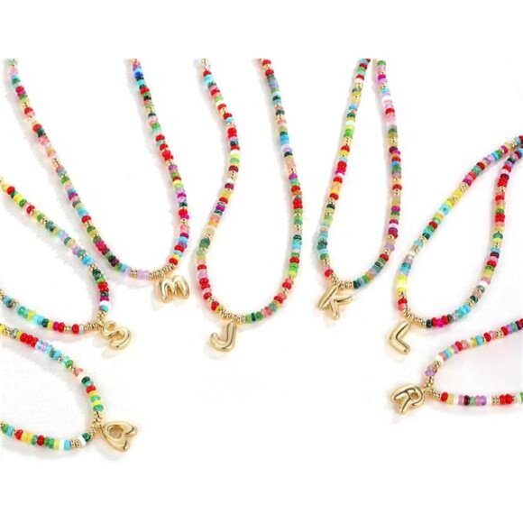 Initial Choker Necklace – 14K Gold Bubble Letter Pendant with Natural Stone - Picture 6 of 6